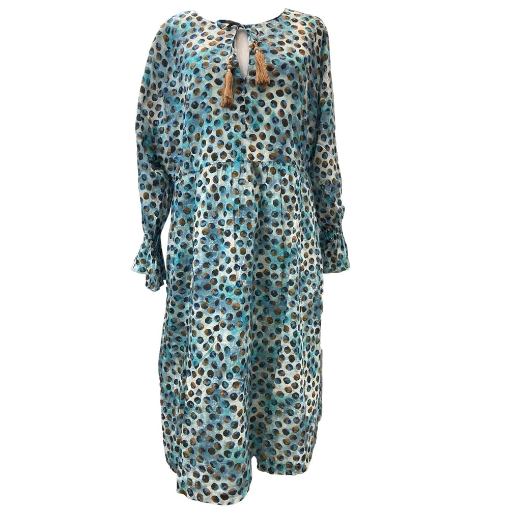 Samoon Shift Dress Womens Blue Polka Dot Tassel 3/4 Sleeve Boho Midi Pockets